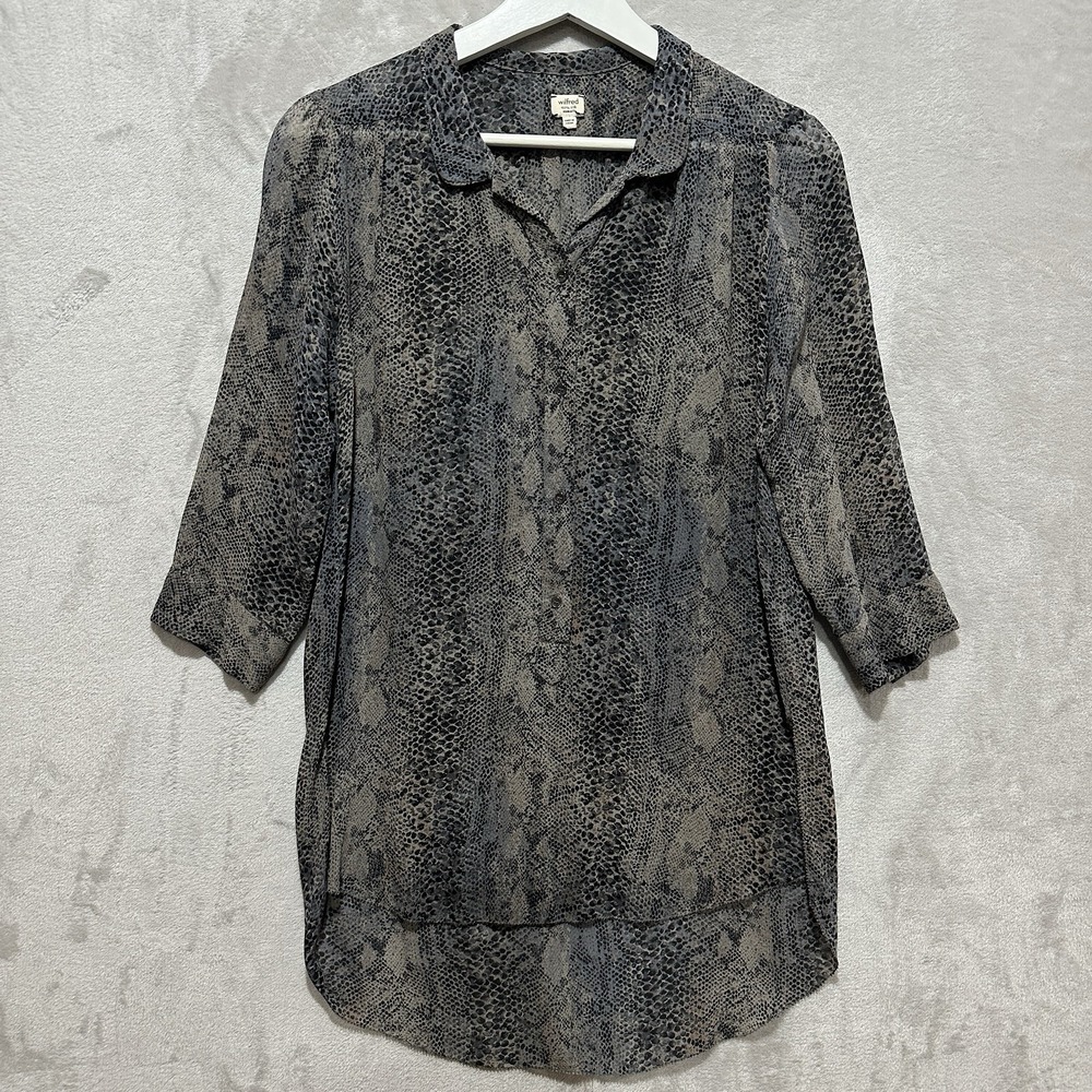 Wilfred 100% Silk Snake Print Button Up Popover Blouse High Low Hem Sheer Sz XS